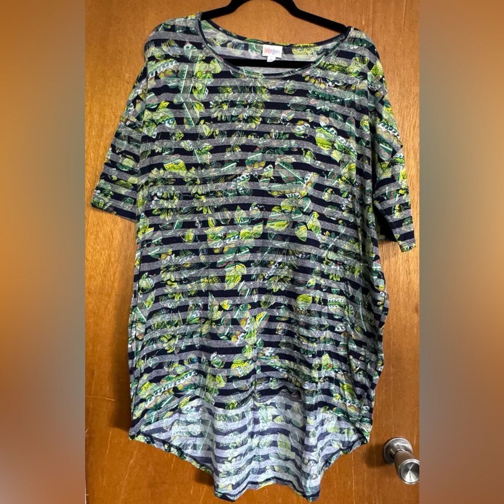 LuLaRoe Women’s Black and Gray Stripes with Fun Leaf Print